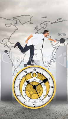 Composite image of geeky young businessman running late