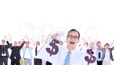 Composite image of geeky happy businessman holding bags of money