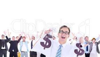 Composite image of geeky happy businessman holding bags of money