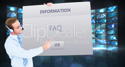 Composite image of businessman presenting card wearing headset