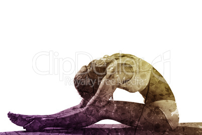 Composite image of gorgeous fit blonde in seated forward bend po