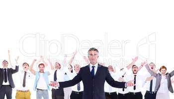 Composite image of businessman in suit spreading his arms