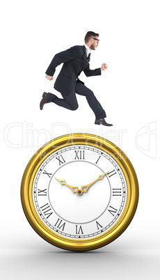 Composite image of geeky young businessman running mid air