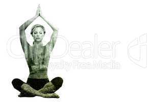 Composite image of calm blonde meditating in lotus pose with arm