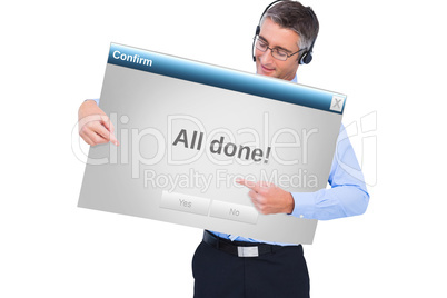 Composite image of happy businessman with headphone presenting a