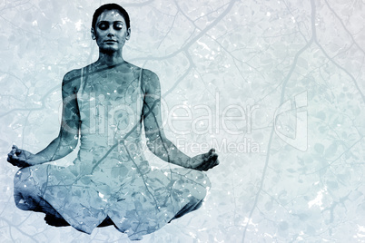 Composite image of peaceful woman in white sitting in lotus pose