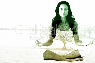 Composite image of pretty brunette doing yoga