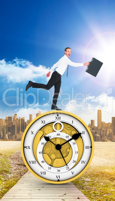 Composite image of happy businessman leaping with his briefcase