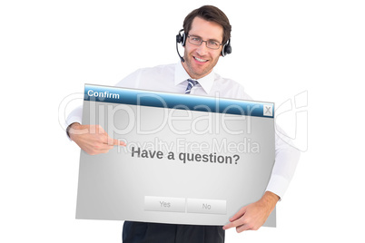 Composite image of happy businessman showing card to camera