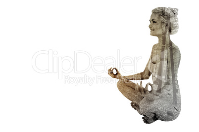 Composite image of full length of toned woman sitting in lotus p