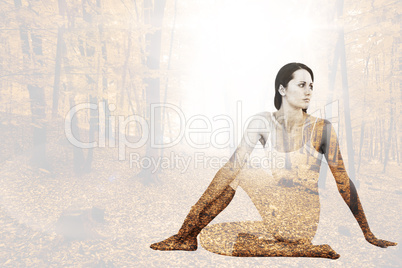 Composite image of fit woman doing the half spinal twist pose in