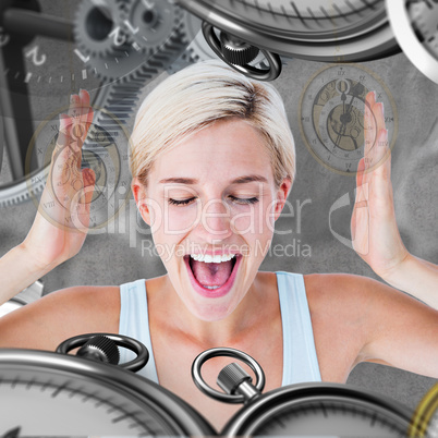 Composite image of happy blonde woman screaming with hands up