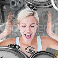 Composite image of happy blonde woman screaming with hands up