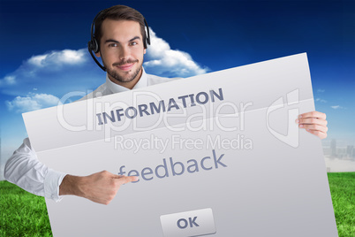 Composite image of businessman with headphone showing sign to ca