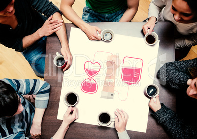 Composite image of people sitting around table drinking coffee