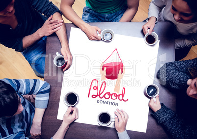 Composite image of people sitting around table drinking coffee