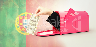 Composite image of businesswomans hand holding hundred dollar bi