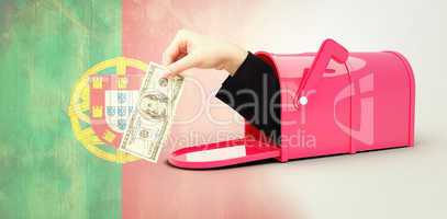 Composite image of businesswomans hand holding hundred dollar bi