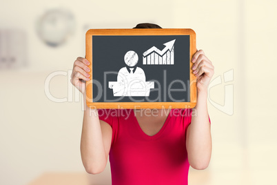Composite image of woman covering face with chalkboard