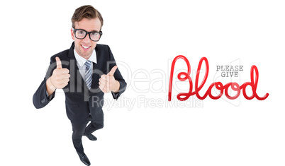 Composite image of geeky hipster smiling at camera with thumbs u