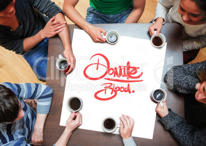 Composite image of people sitting around table drinking coffee