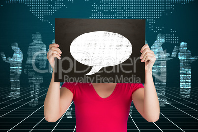 Composite image of casual woman showing board