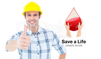 Composite image of architect showing thumbs up over white backgr