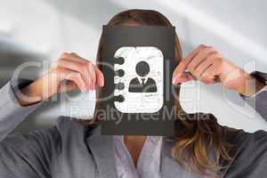 Composite image of businesswoman showing card