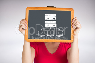 Composite image of woman holding chalkboard over face