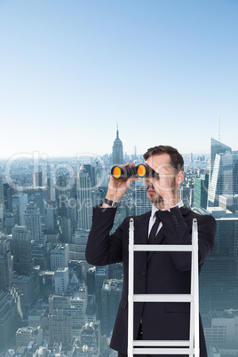 Composite image of businessman looking on a ladder