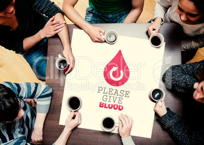 Composite image of people sitting around table drinking coffee