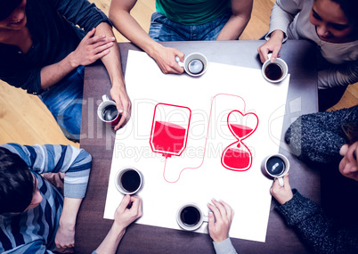 Composite image of people sitting around table drinking coffee