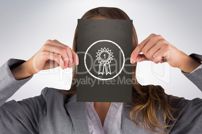 Composite image of businesswoman showing card