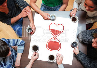 Composite image of people sitting around table drinking coffee