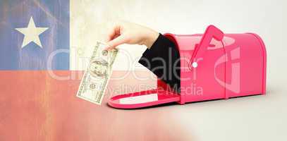 Composite image of businesswomans hand holding hundred dollar bi