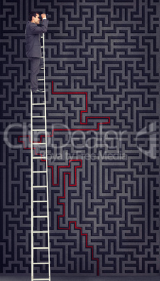 Composite image of businessman standing on ladder using binocula