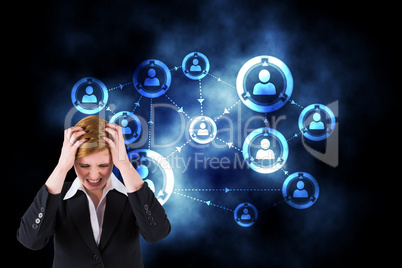 Composite image of stressed businesswoman with hands on her head