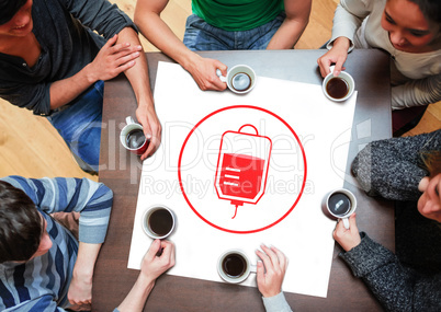 Composite image of people sitting around table drinking coffee