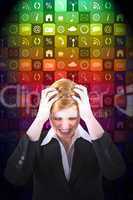 Composite image of stressed businesswoman with hands on her head