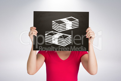 Composite image of casual woman showing board