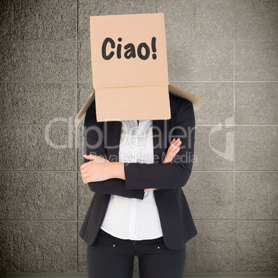 Composite image of businesswoman lifting box off head