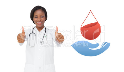 Composite image of young nurse giving thumbs up