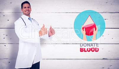 Composite image of handsome doctor showing thumbs up