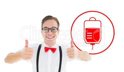 Composite image of geeky young hipster showing thumbs up