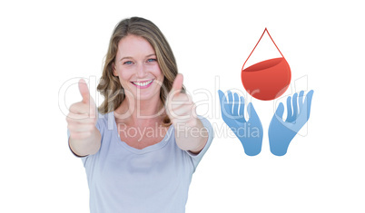 Composite image of woman showing thumbs up