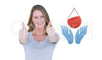 Composite image of woman showing thumbs up