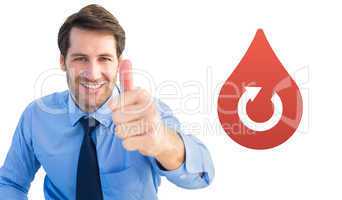 Composite image of smiling businessman gesturing thumbs up