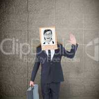 Composite image of businessman with photo box on head