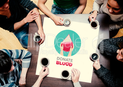 Composite image of people sitting around table drinking coffee