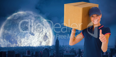 Composite image of happy delivery woman holding cardboard box sh